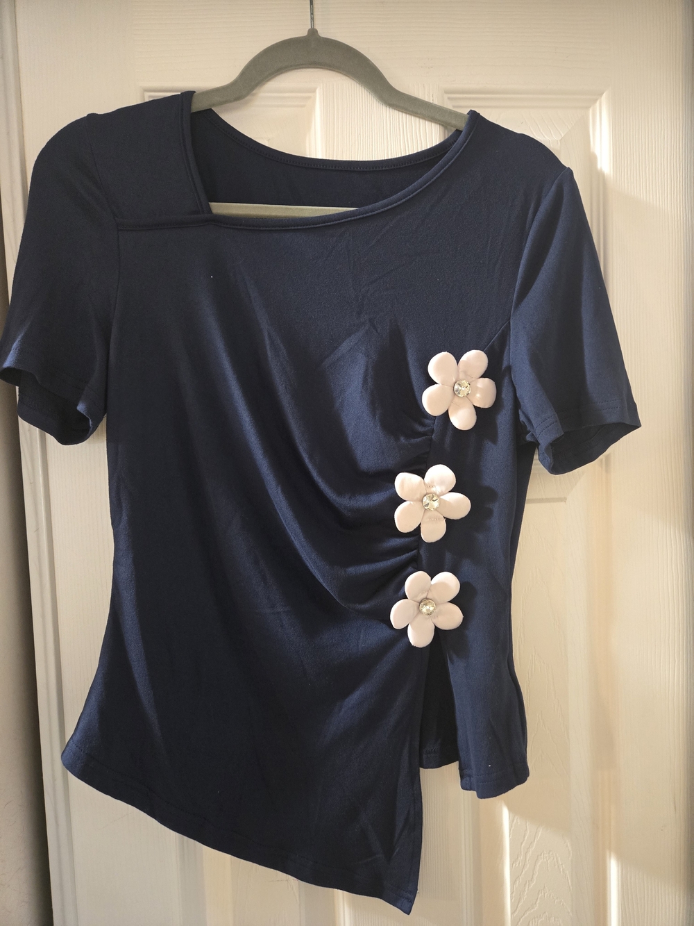 SHEIN Navy Short-Sleeve Top with Pink Flower Embellishments